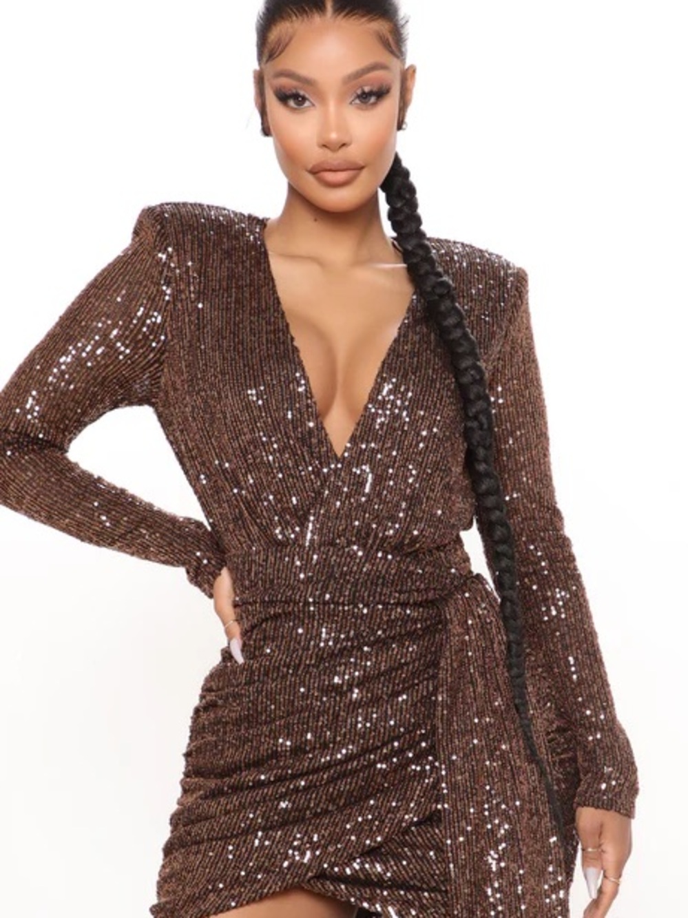 Fashion Nova Brown Sequin Wrap Long Sleeve Dress
